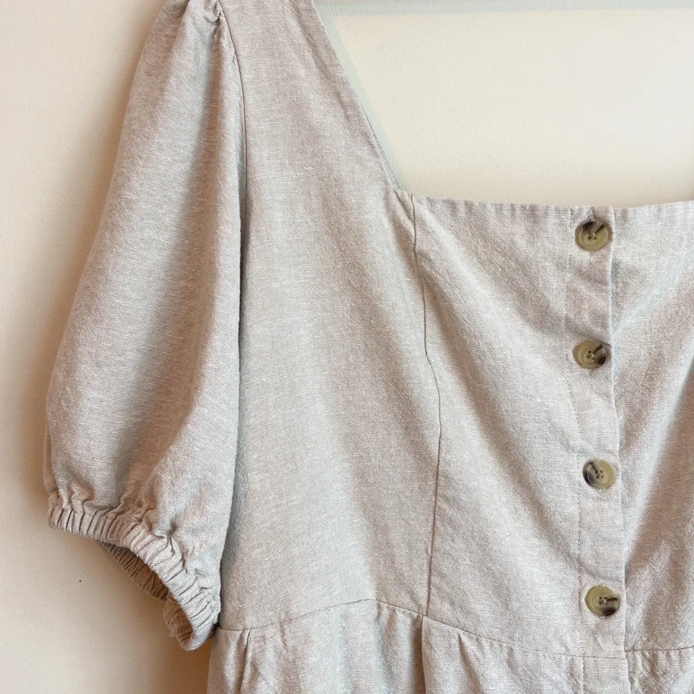 Old Navy Beige Linen Button-Front Puff Sleeve Dress - Picture 3 of 7